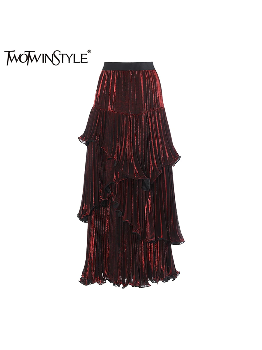 TWOTWINSTYLE Solid Spliced Ruffle Loose Skirts For Women High Waiat Minimalist Elegant Skirts Female Fashion Style Clothes New