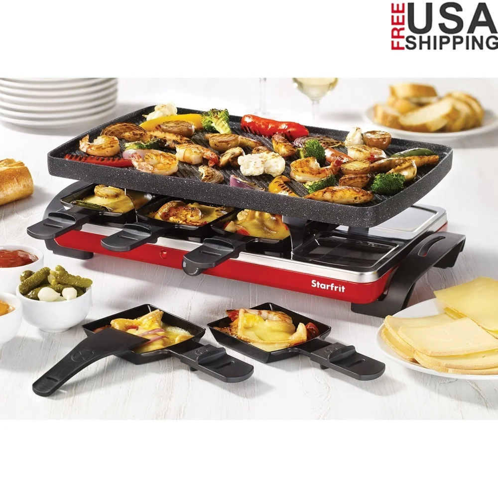 

Набор для гриля Raclette Party, 1500 Вт, двухсторонняя сковорода с антипригарным покрытием, 8 посудов, регулируемая температура, прохладные сенсорные ручки