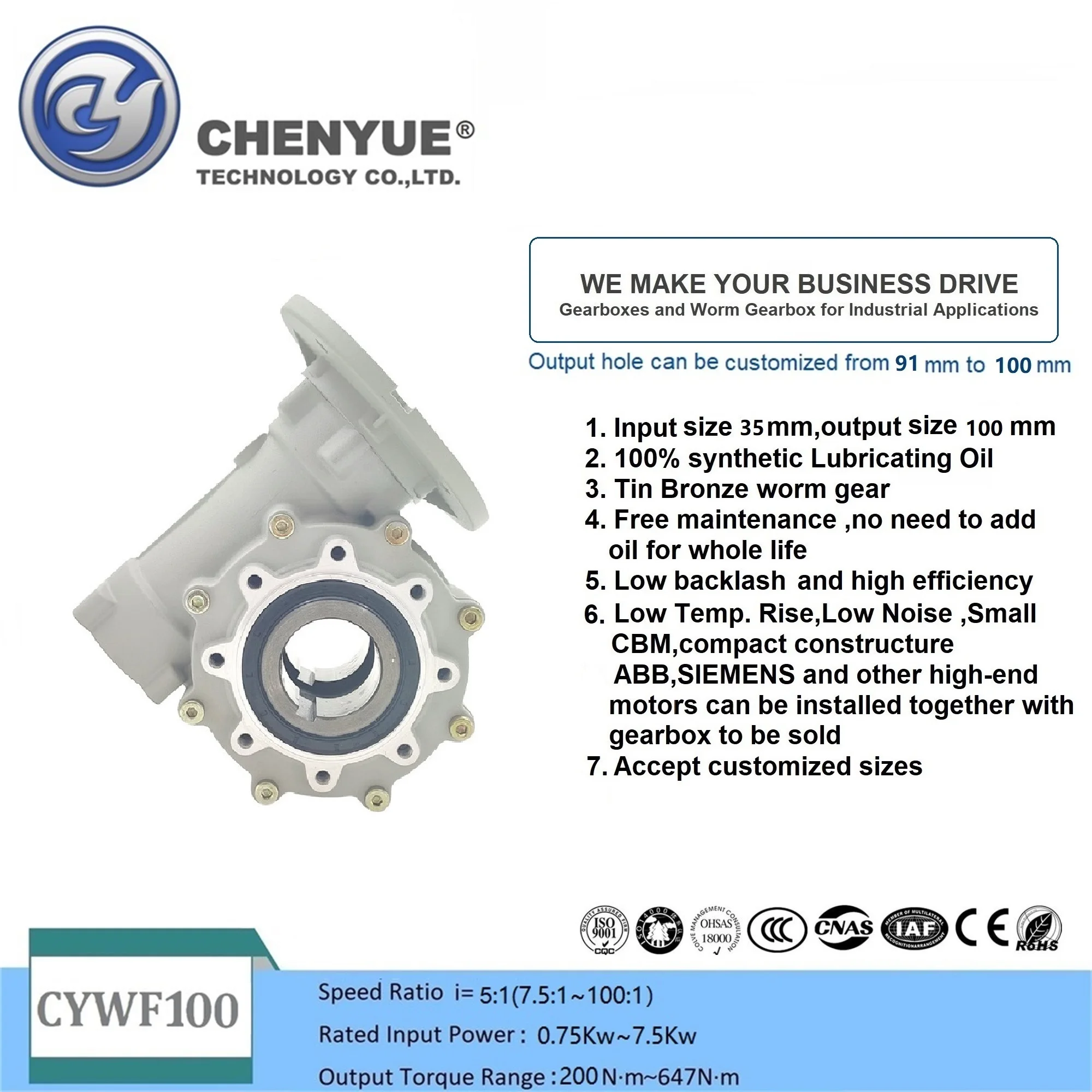 CHENYUE  Worm Gearbox CYWF100 Input 35 Output 100mm Ratio 5:1/100:1 200-647N.m 7.5Kw Free Maintenance for Hydraulic machines