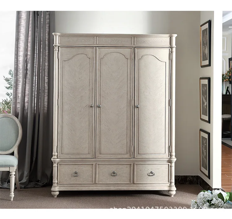 

Solid wood wardrobe oak vintage carved wardrobe bedroom white distressed with drawers three door wardrobe customized