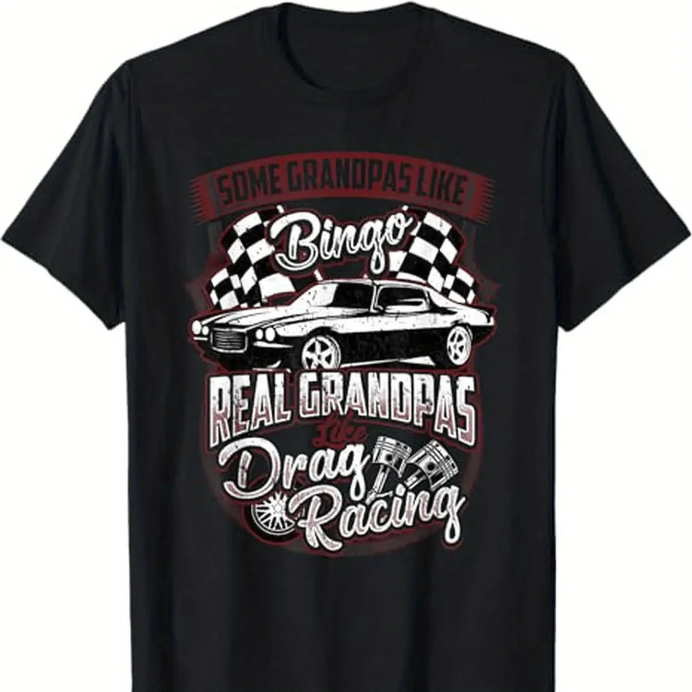 Retro Drag Racing Muscle Car Checkered Flag Print T-Shirt 100% Cotton O-Neck Short Sleeve Summer Casual Mens T-shirt Streetwear