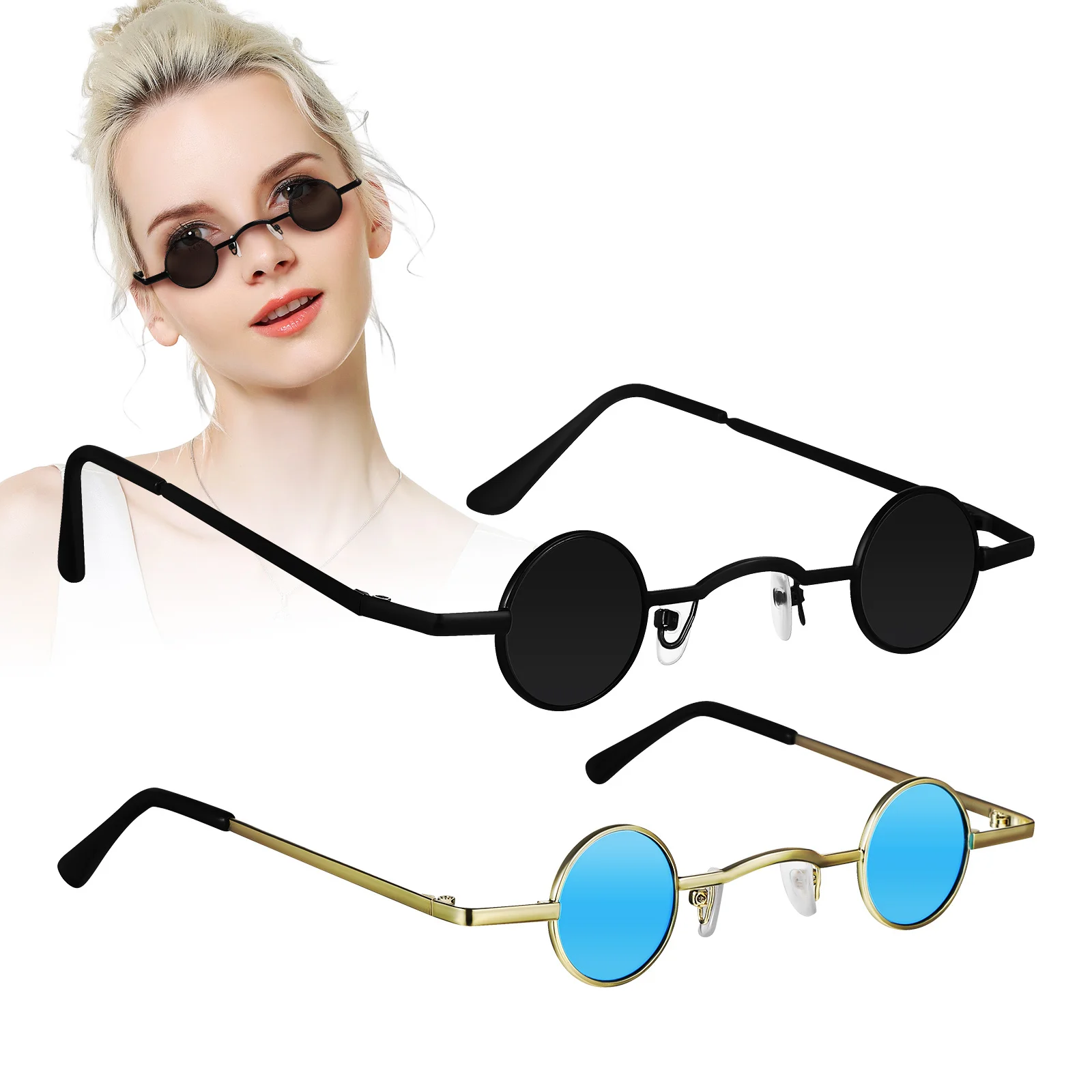 

2Pcs Retro Round Sunglasses Polarized Vintage Metal Frame Small Circle Lens Unisex Eyewear for Men Women Fashion Daily Outfit