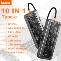 Basix usb c hub 10 en 1 estación de acoplamiento tipo C a PD HD-MI USB3.0 * 3 SD TF ethernet RJ45 1000M VGA AUDIO3.5mm para MacBook M1 M2