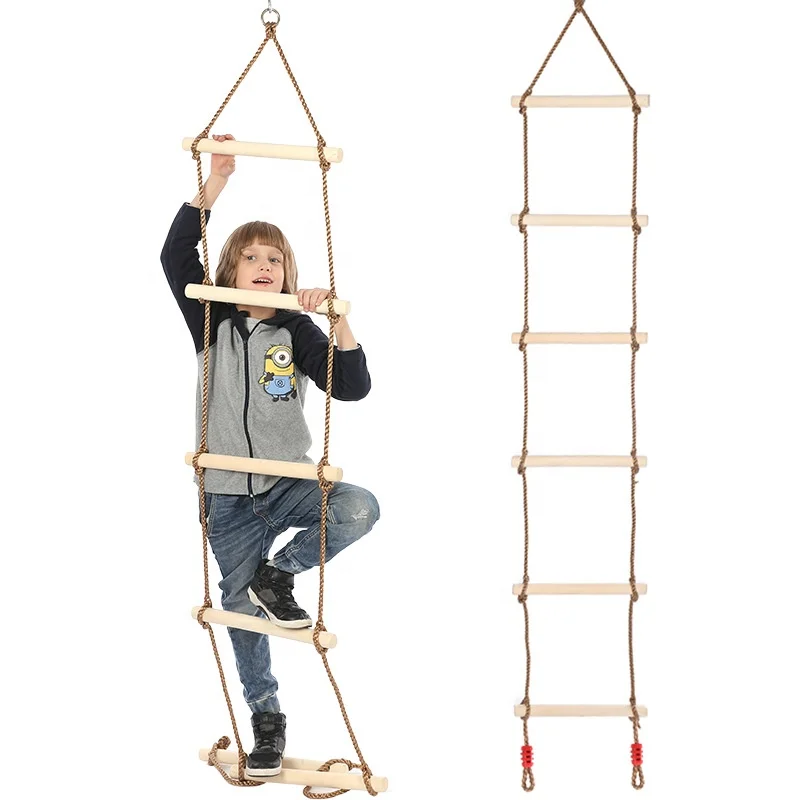 Wholesale Climbing Rope Ladder Tree Swing Single Headed 6-Step Wood Ladder for Kids