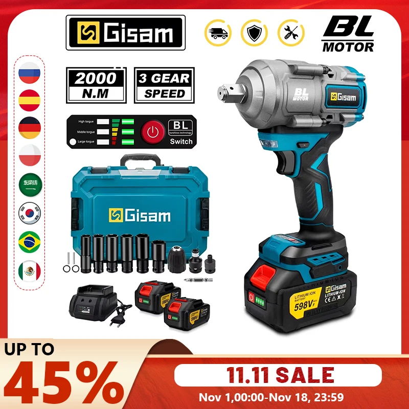 Gisam 2000N.M 토크 브러시리스 전기 임팩트 렌치 Makita 18V 배터리 핀용 1/2 인치 스크루 드라이버 무선 렌치 전동 공구