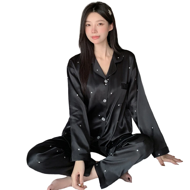 패셔너블한 미니멀리스트 인스 스타일 고급 블랙 스타 긴 소매 모조 실크 파자마 세트 여성 캐주얼 잠옷 홈웨어