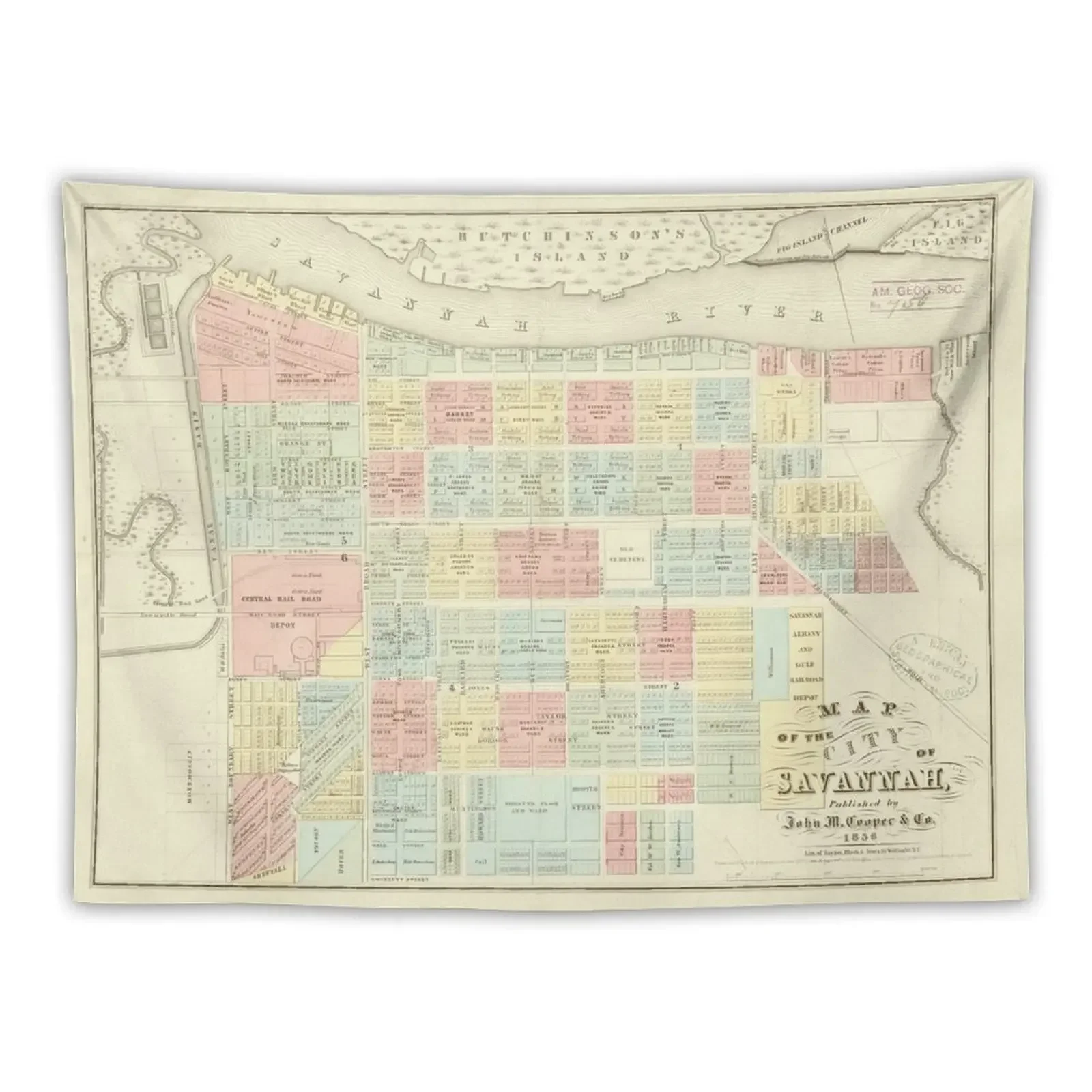 Vintage Savannah GA Map (1856) Tapestry Room Aesthetic House Decorations Bedroom Organization And Decoration Tapestry