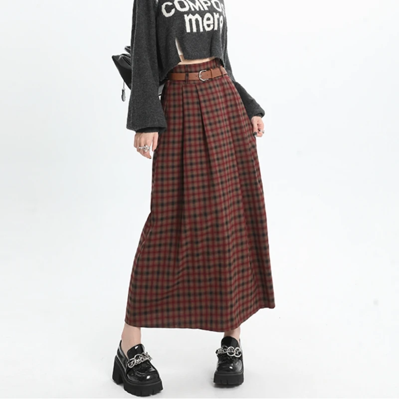 Fashionable and Elegant American Red Plaid Skirt for Women, High-Waisted and Slimming A-Line Style, Autumn, 2024