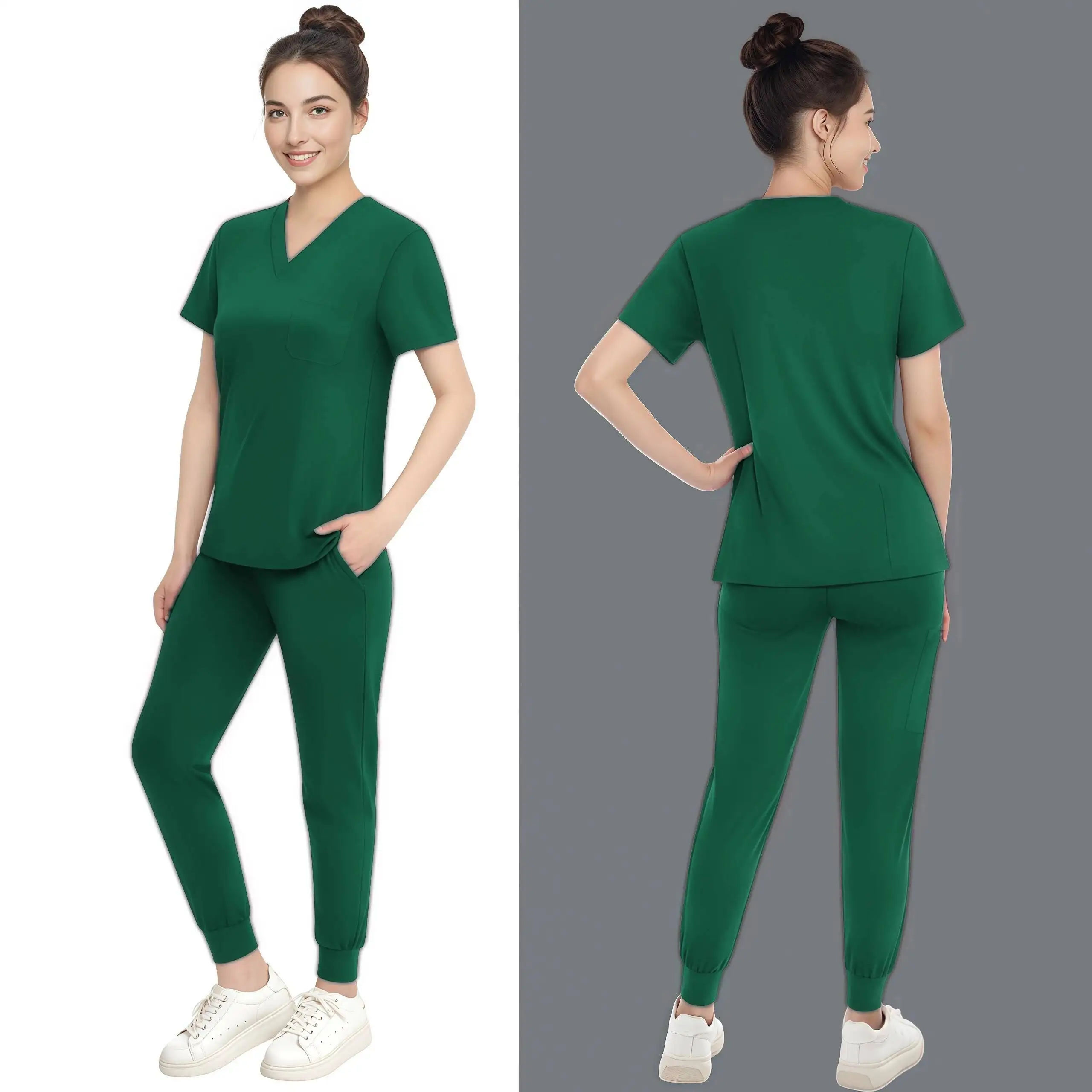 Multicolour Jogger Suit Doctor Nursing Uniforms Medical Clinical Clothes Short Sleeve V-Neck Tops Pocket Pants Nurse Scrubs Set