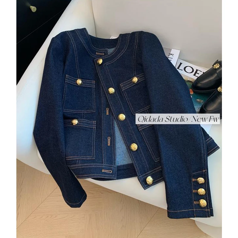 Frauen Koreanische Mode Vintage Klassische Blau Chic Taste Denim Jacke Y2K Frühling Herbst O Hals Langarm Lose Taschen Outer