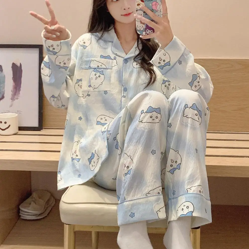 Traje de pijama Kawaii para mujer Chiikawa dibujos animados Usagi algodón otoño Casual niñas ropa de casa Anime lindo pantalones de manga larga ropa de dormir