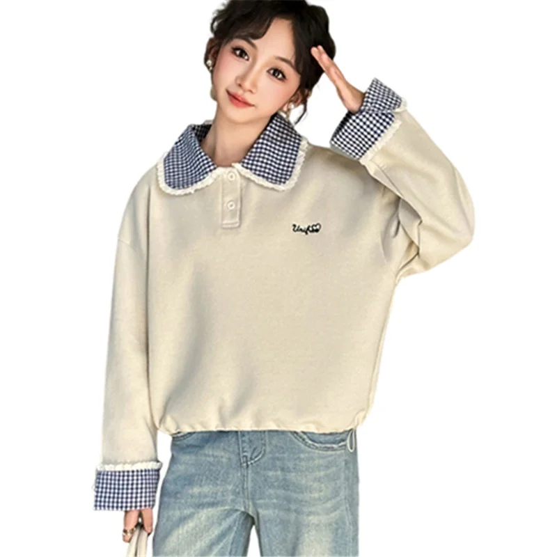 

Fashion Kids Cotton Sweatshirt with Turn-down Collar for A Girl Spring Clothing Outfit Teens Child Casual Streetwear From 5-14Y