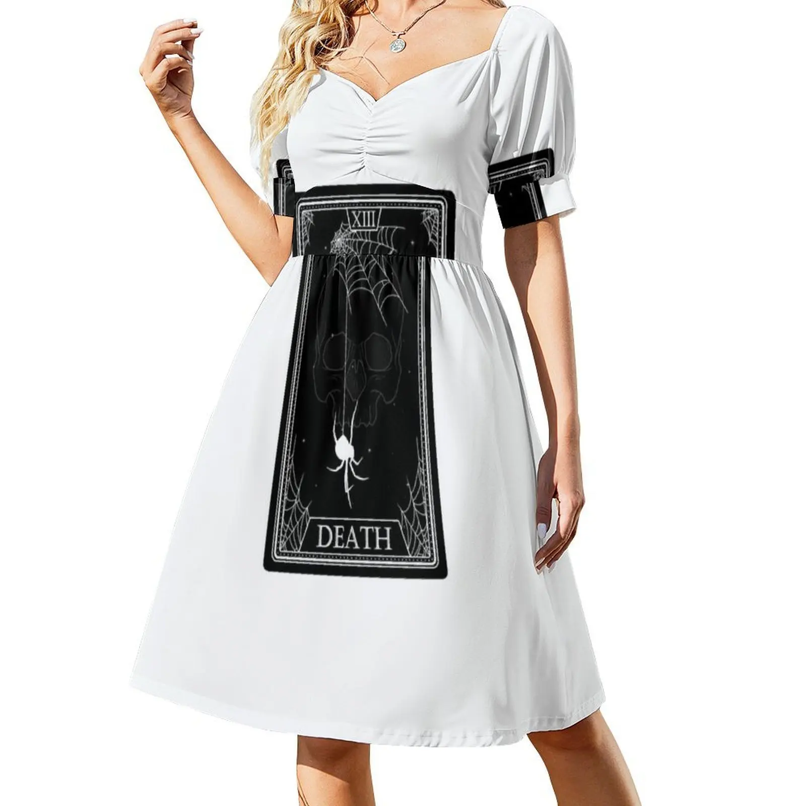 Gaun Tarot Card Death Boho Chic, Gaun Pesta Pernikahan Pantai yang Elegan, Gaun Pesta Tarot Card Death dengan Motif Jaring Laba-laba dan Tengkorak