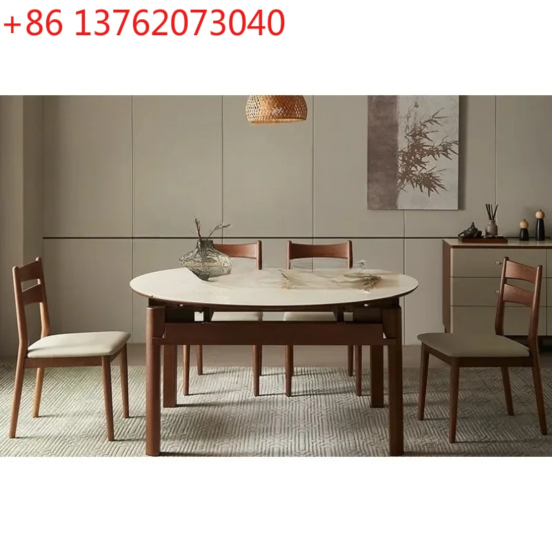 

New Chinese style solid wood foot tempered glass dining table retractable folding
