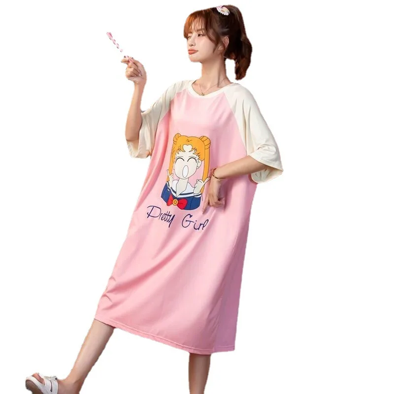 Summer Nightgown For Women Loose Nightdress 2022 Kawaii Sailor Girls Print Sleepdress Anime Pijama Dress 5XL Nightwear