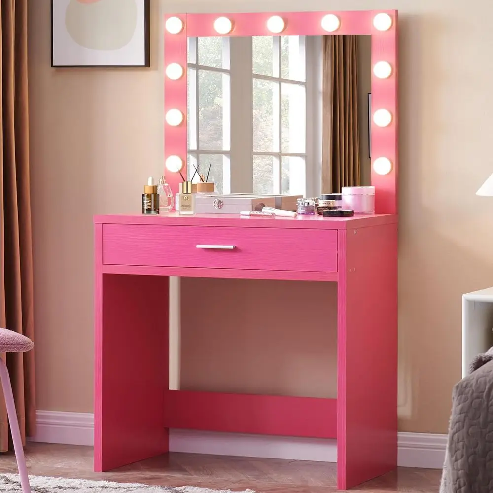 

Red Makeup Vanity Desk with Lamp and Mirror, Including Storage Bench for Bedroom