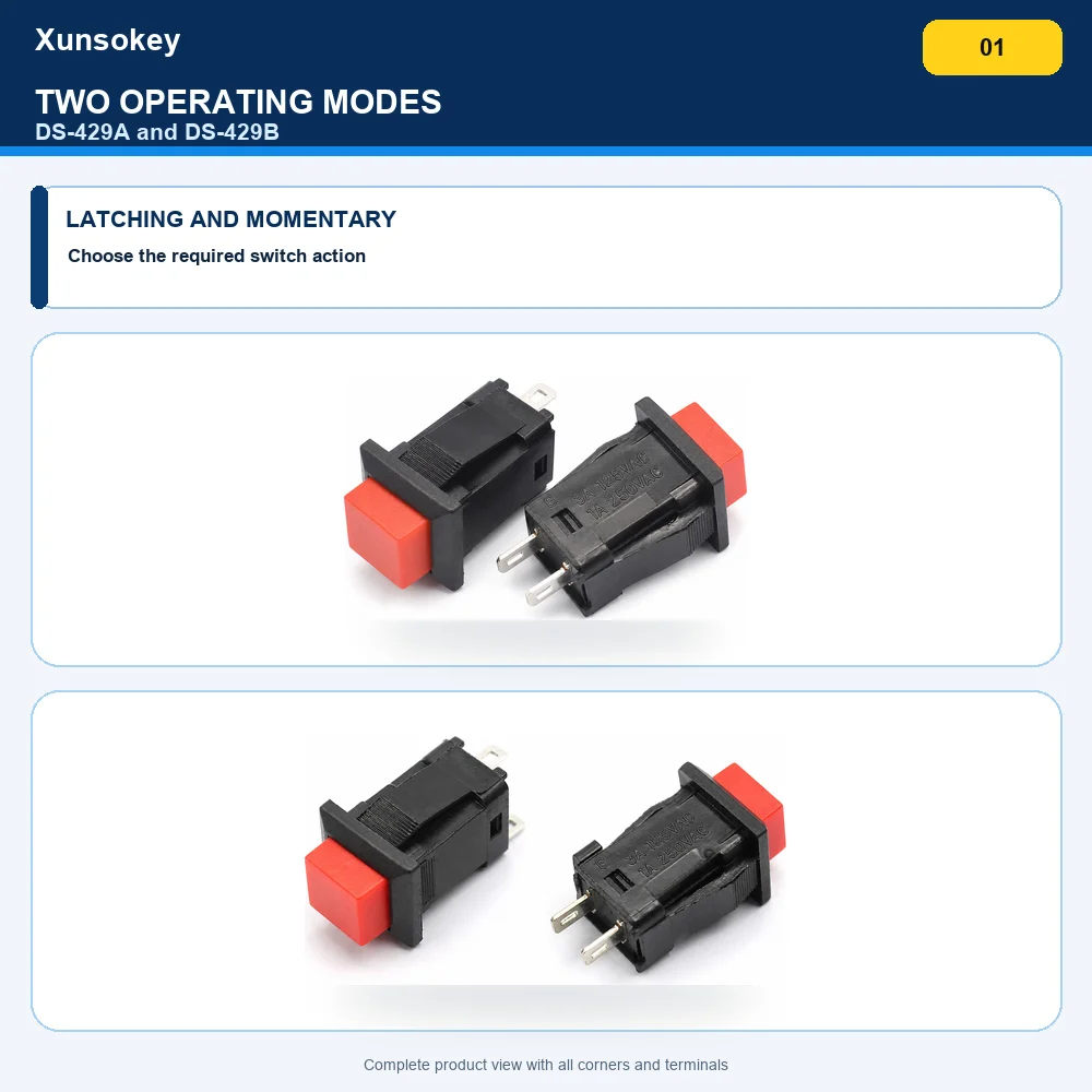 2PCS Lockless Reset and Self-locking Push Button Switch 14MM 1A/250VAC 3A 250V DS-429