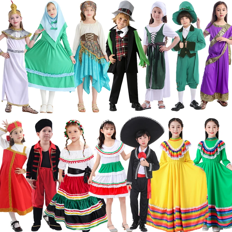 i World Ethnic Sle loween Dr Toddler Performance Costume Children's Traditional Outfit Polyester Summer 2024