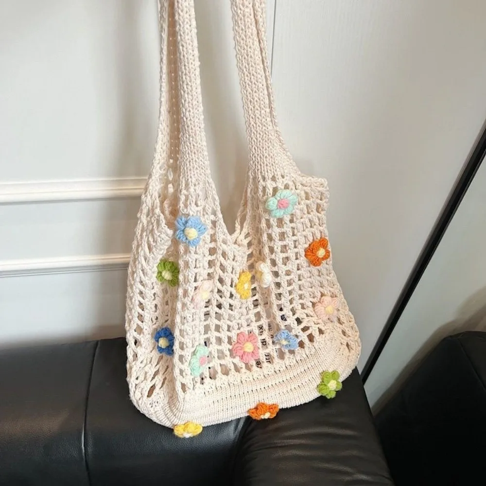 New Flowers Woven Tote Bag Hollow Mesh Large Capacity Beach Hobo Bag Cotton Lightweight Fishing Net Bag Women