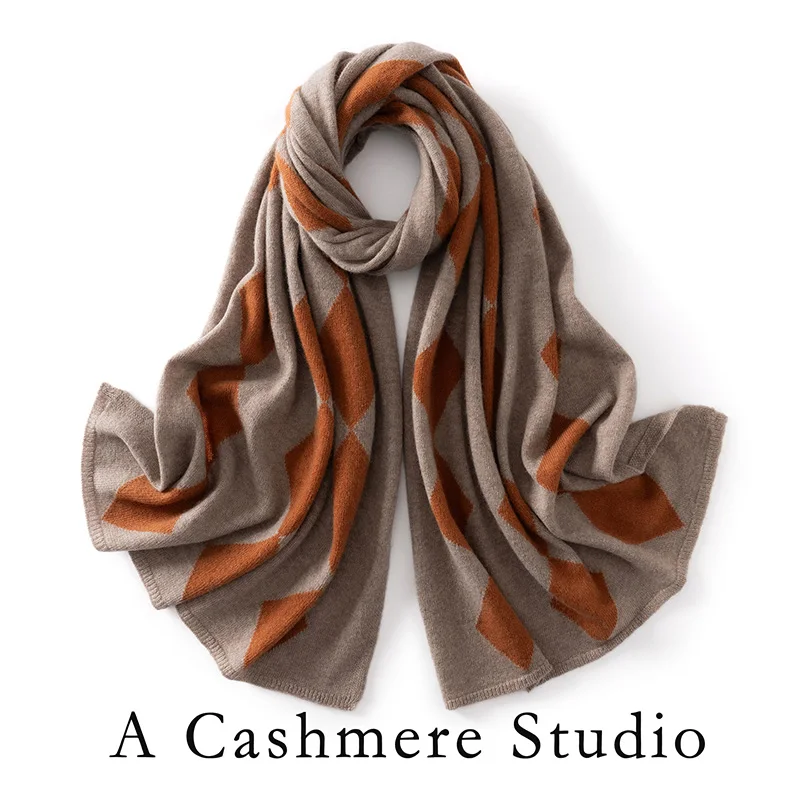 ADDONEE Women's 100% Cashmere Scarf Rhombus Knit Scarf Autumn Winter Thick Soft Warm Preppy Style Long Scarf
