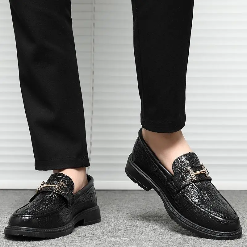 Sapato de couro de bezerro masculino, slip-on Derby Flats, preto, clássico, negócios, roupa formal, festa, banquete, casamento, moda