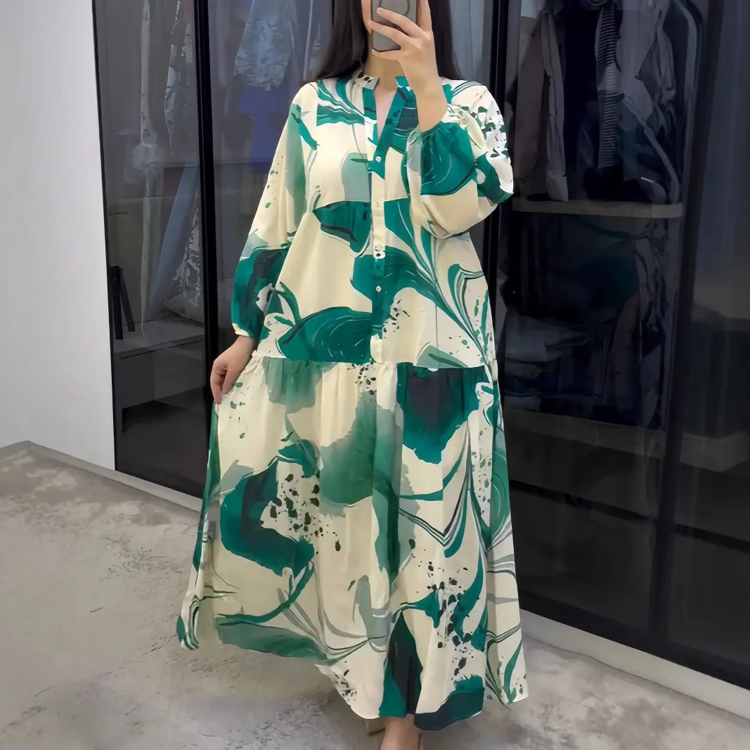 

woman's casual dress Printed Loose Long-sleeved Dresses Spring Autumn New Fashion Spliced ​​elegant Female Casual Robe Dress
