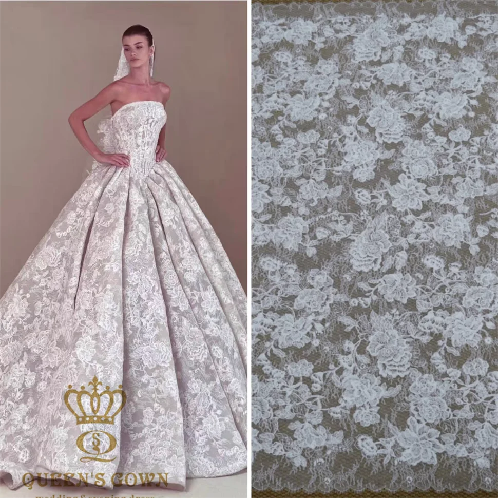 

MGF Gorgeous Heavy Beaded French Lace with Cords Blooming Flower Corded Chantilly Lace Wedding Dress Lace Fabric