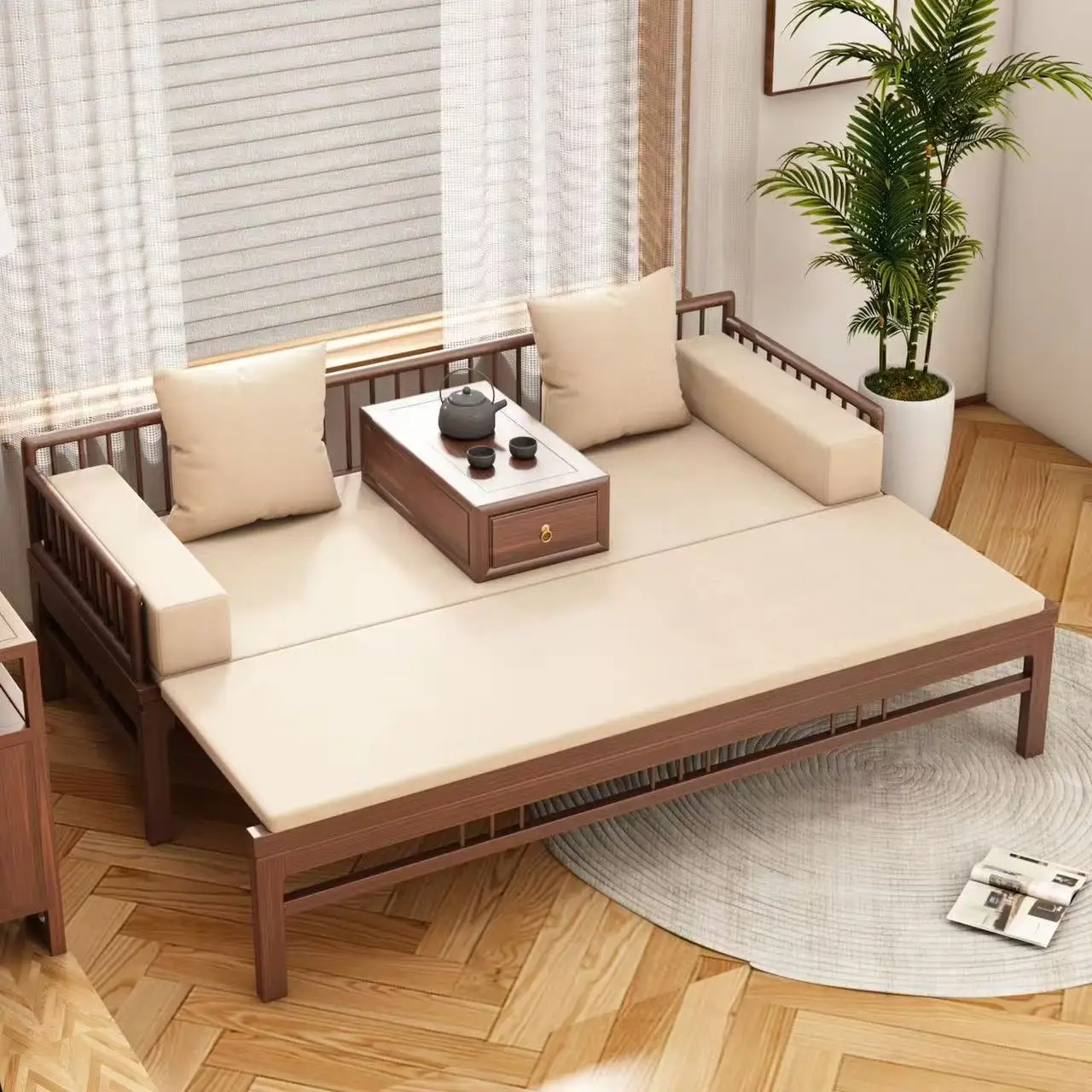 New Chinese Style Solid Wood Luohan Bed Sliding Sofa is detachable and washable, modern minimalist and dual-use