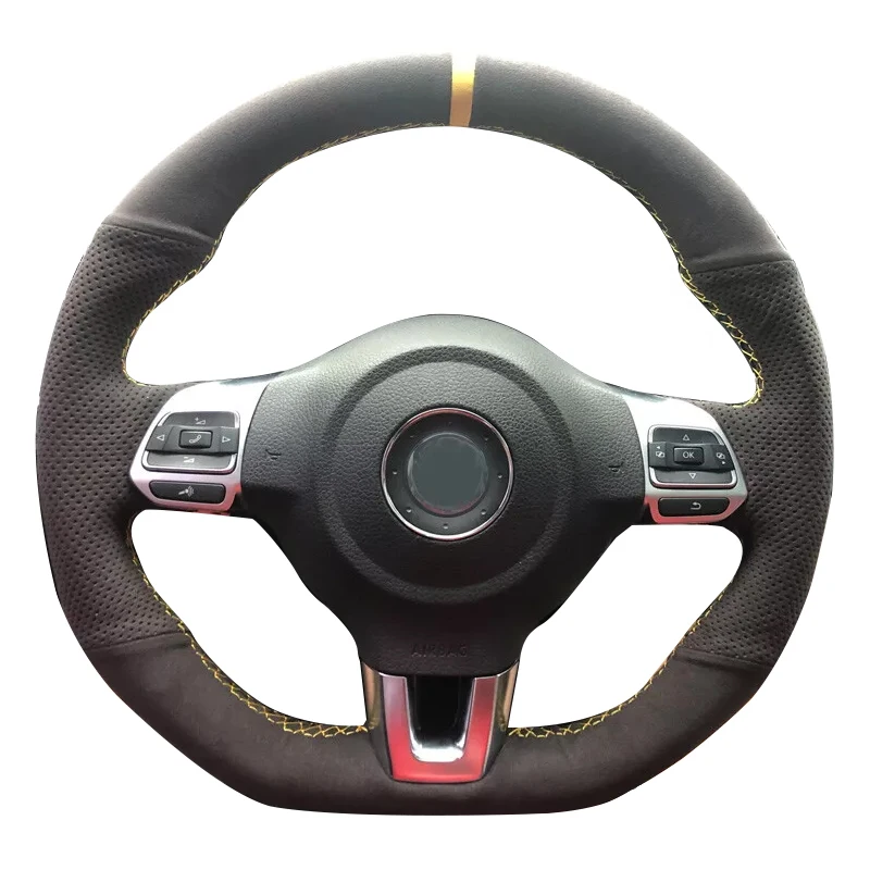 Hand-sewn Black Soft Suede Car Steering Wheel Cover Yellow Thread For Volkswagen VW Scirocco Golf 6 GTI MK6 Polo Accessories