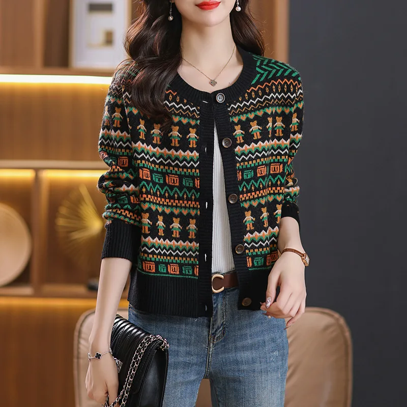 Long Sleeve Cardigan for Women, Jacquard Knit, Loose Sweater, Thin Streetwear, Korean Popular Clothes, Autumn and Winter