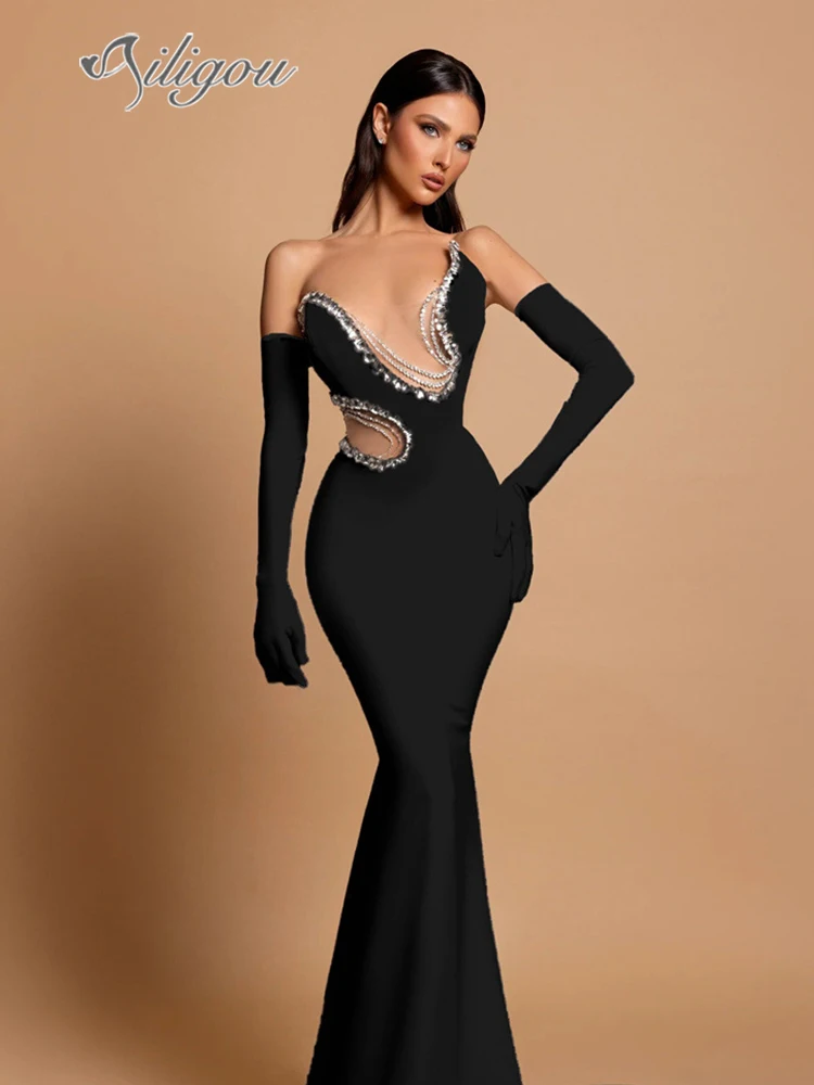 Ailigou New Women's Black Strapless Luxury Diamond Tight Mermaid Long Dress Elegant Celebrity Party Evening Dress with Glove