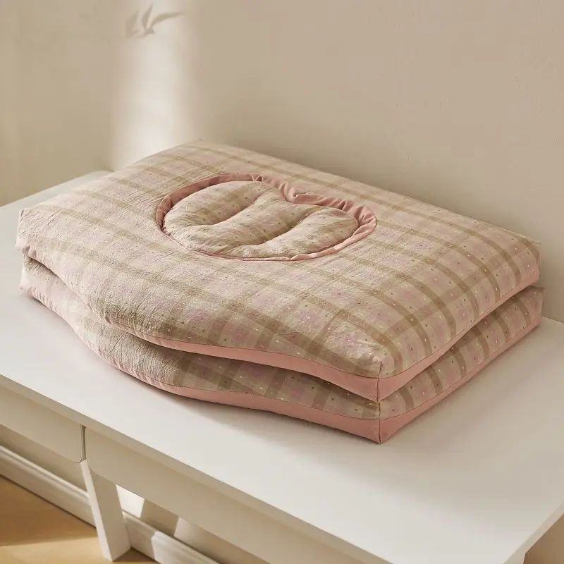 Plaid Cotton Pillow Heart-Shaped Embedded Design Soft Breathable Neck Support Cushion for Bedroom Sleeping Adults Kids Cozy