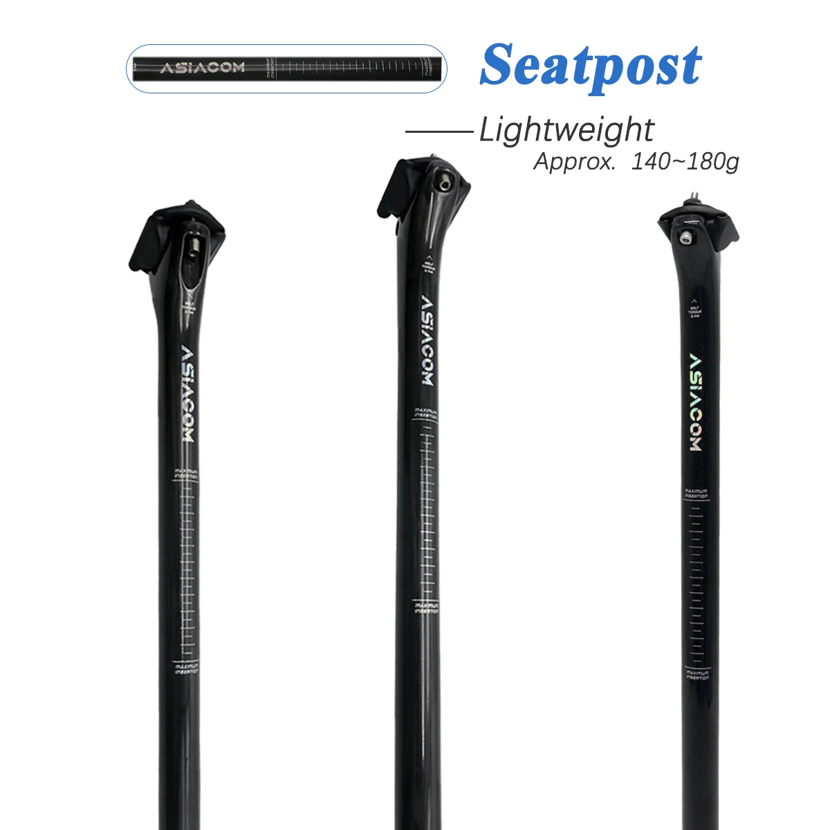 ASIACOM 3K UD Carbon Ultralight Seatpost, 20° Offset/Straight, Titanium & Normal Screws Available