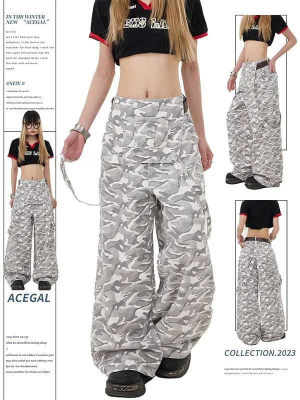 

Брюки-комбинезон Remedie American Camouflage для уличных танцев, широкие брюки-карго для джазовых танцев, повседневные джинсы свободного кроя для девушек