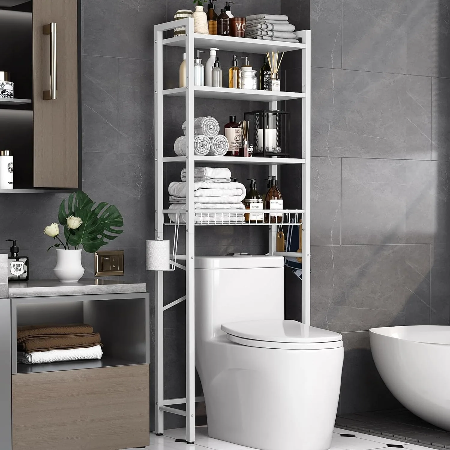 

Over-The-Toilet Storage Rack, 4-Tier Bathroom Organizer Shelf Over Toilet with Adjustable Shelf and Basket, Freestanding.