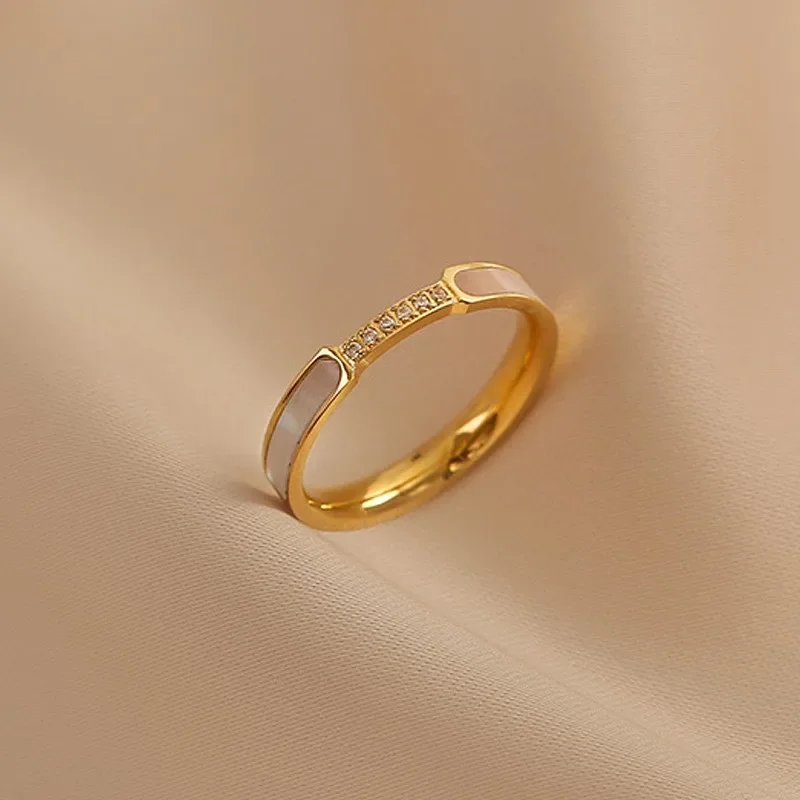 Anillo de concha de circón de acero inoxidable para mujer, anillo de Color dorado, dedo índice Simple, regalo de joyería de boda de fiesta