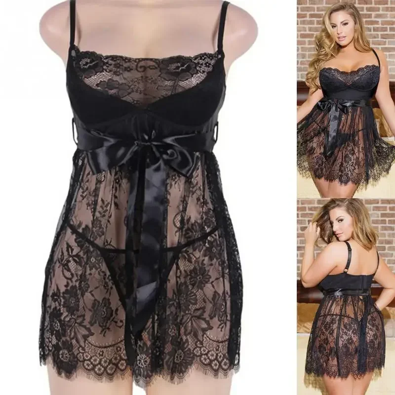 5XL Plus Size Lace See Through Dress with Panties Set Erotic Babydoll Women Sexy Lingerie Underwear Porn Costumes Sleepwear