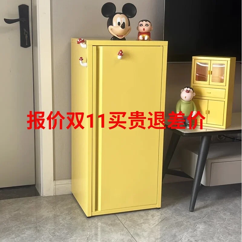 Bedroom storage cabinet Wrought iron children's bedside bookcase Macaron cream style household single door crevice living room l