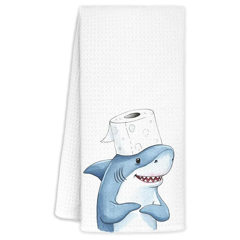 1 Piece Cartoon Blue Shark Print Kitchen Towel, Dish Towel, Hand Towel, Kitchen Decorative Towel, Neighbor Gift, Sweet Housewarming Gift for Friends, Mom Gift, Friend Birthday Gift Summer Ocean Theme