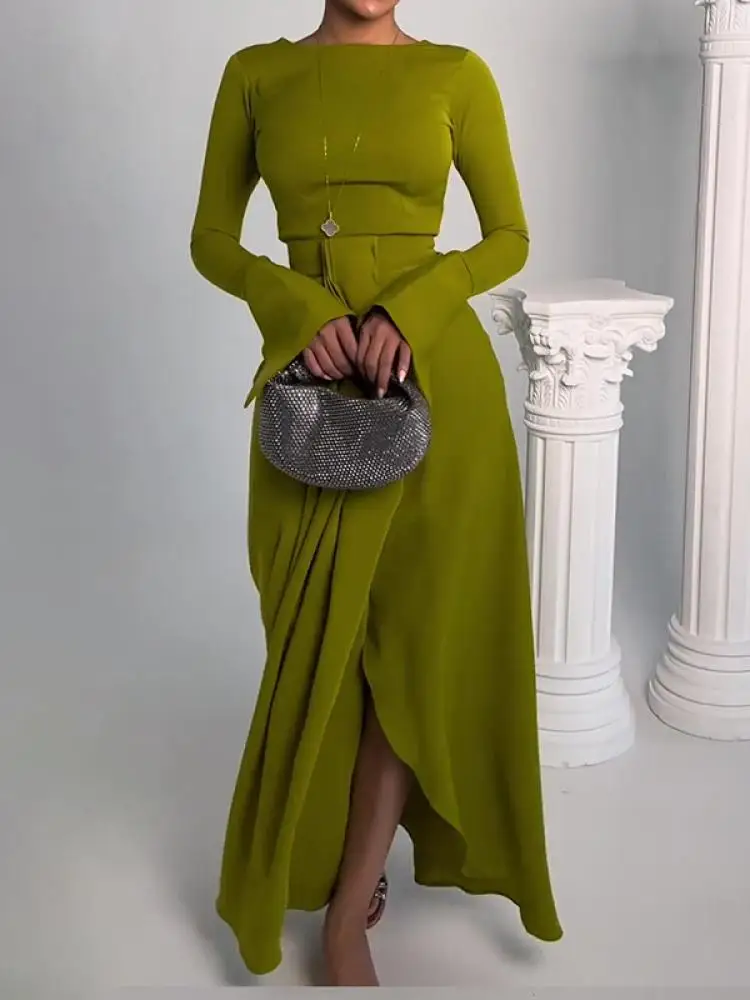 

Missuoo 2024 Female Dress Round Neck Long Sleeve Maxi Dress Solid Green Ladies Elegant Evening Dress High Waist Pleated Dresses