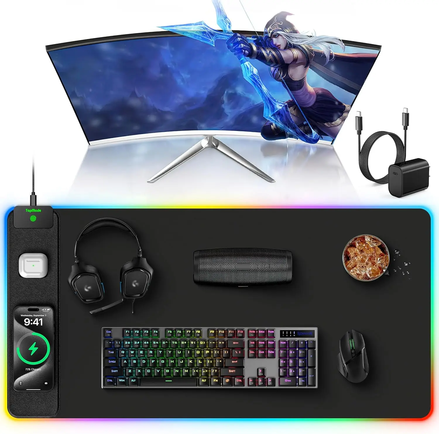 Wireless Charging Mouse Pad, RGB Gaming Desk Mat, 31.5” x 15.8” XXL Waterproof Keyboard Pad with 20W PD Adapter & Cable