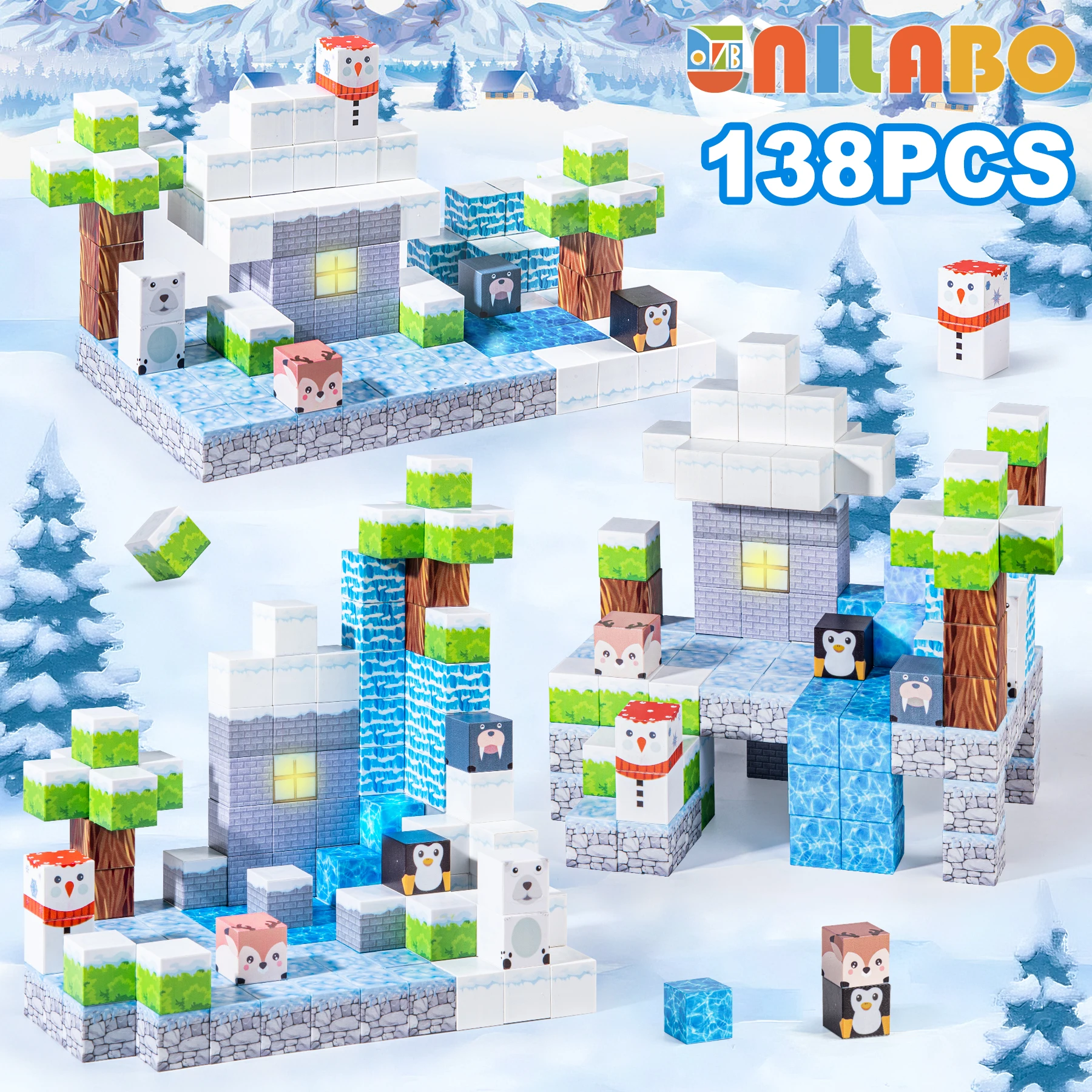 Unilabo 138 peças de blocos de construção magnéticos iluminados, neve 2025, brinquedos de jogo STEM atualizados, presentes de aniversário de Natal para crianças de 3 anos ou mais