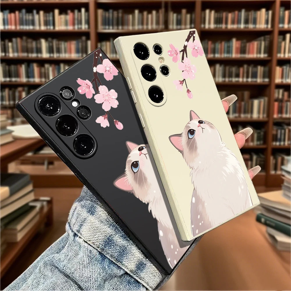 Katzen- und Kirschblüten-Handyhülle für Samsung Galaxy S25 S24 Ultra S23 S22 S21 S20 FE Plus, weiche TPU-Schutzhülle – Detail 1