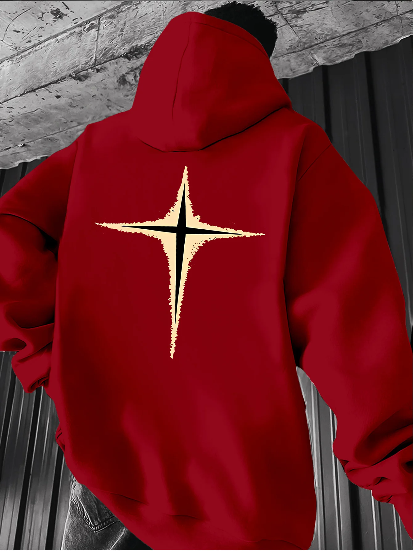 Minimalist Distressed Four‑Pointed Star Back Print Hooded Sweatshirt, Men's Ins Cold Style Versatile Casual Pullover