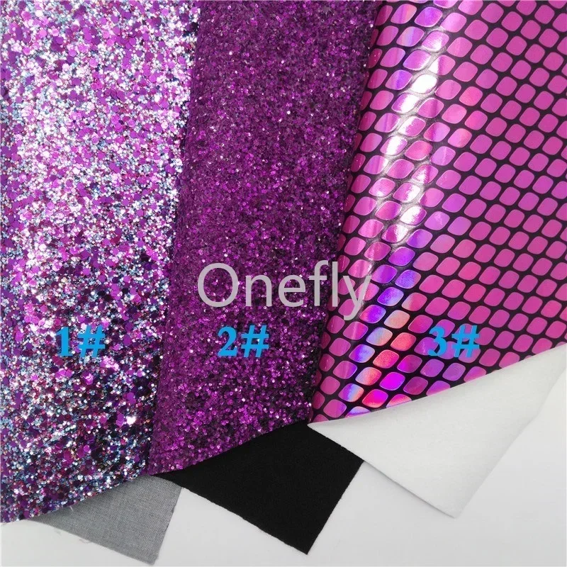 Onefly 21X29CM Purple Glitter Fabric, Iridescent Snake Synthetic Leather Sheets For Bow DIY  handbags shoes  BQ033