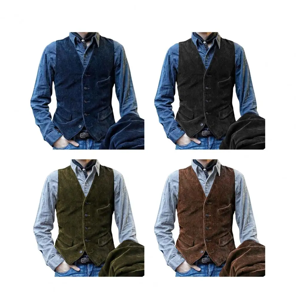

Men Suit Vest Coat Solid Color Classic Leisure Business Fashion Slim Fit Men Suit Corduroy Retro Style Waistcoat With Pockets
