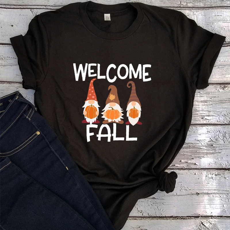 

Welcome Fall Gnomes Shirt Women's Fall Shirts Cute Gnome,Autumn Top Gift Happy Fall Tee Thanksgiving Gifts Fall Holiday Tees L