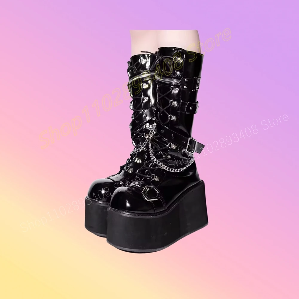 

Black Metal Chain Zipper Design Mid Calf Boots Round Toe Wedges High Heel Cross Tied Fashion Sexy Women Shoes 2024 Para Mujere