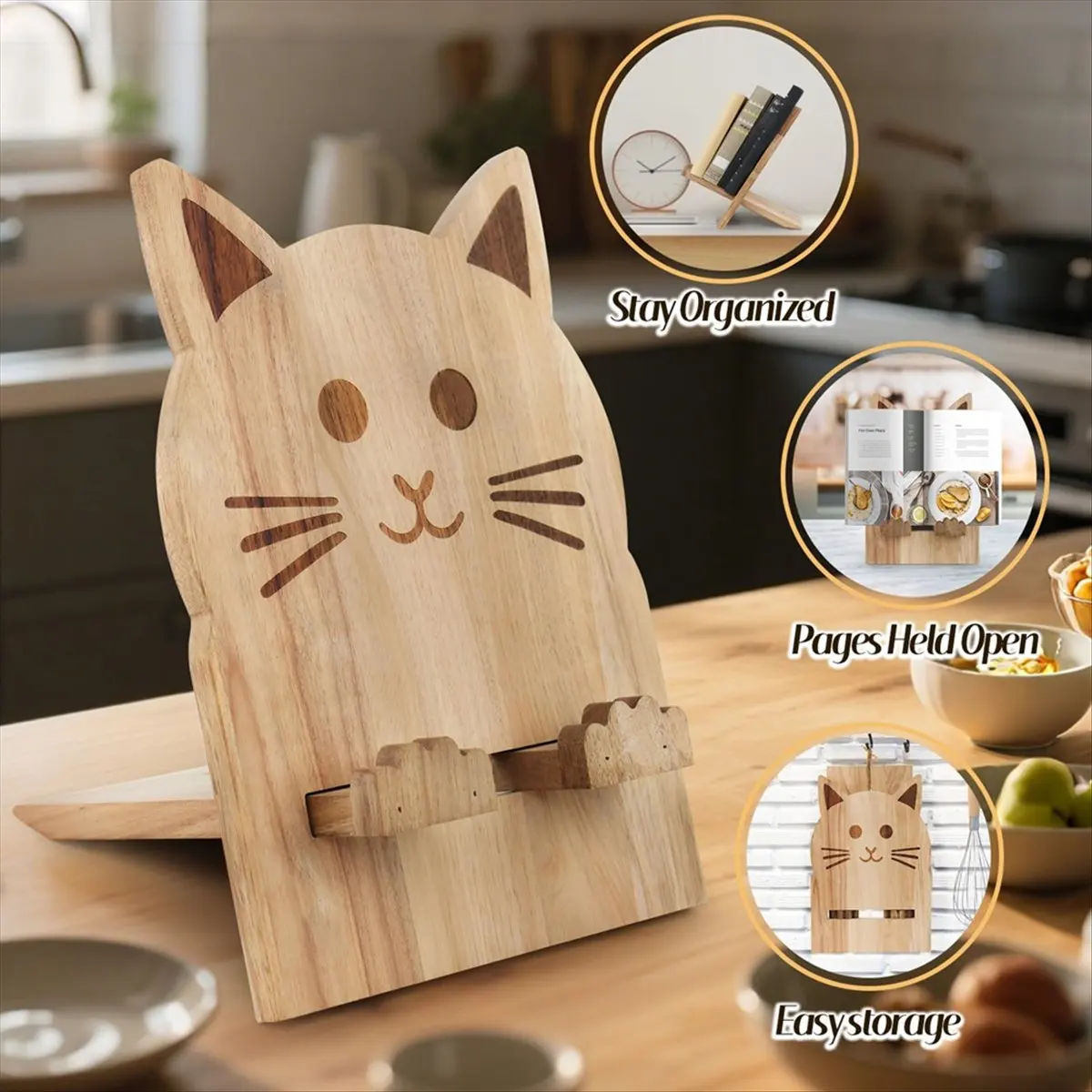 Wood Cookbook Stand for Kitchen Counter Cat Shaped Recipe Holder Book Shelf Support Music Rest