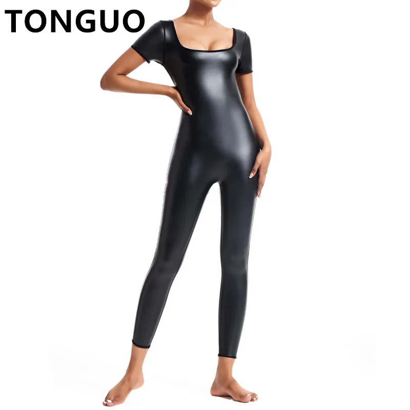 

Womens Leather Bodysuit Shapewear Body Shaper Tummy Control Slimming Leggings Thigh Slimmer Short Sleeve Abdomen Shapers Corsets